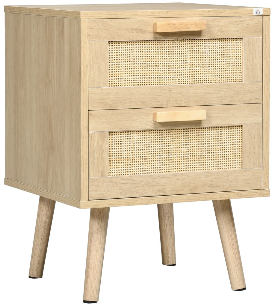 HOMCOM Noptiera pentru Dormitor cu 2 Sertare, Masuta de cafea in Stil Boho Elegante, 40x40x56cm, Culoare Lemn Natur | Aosom Romania
