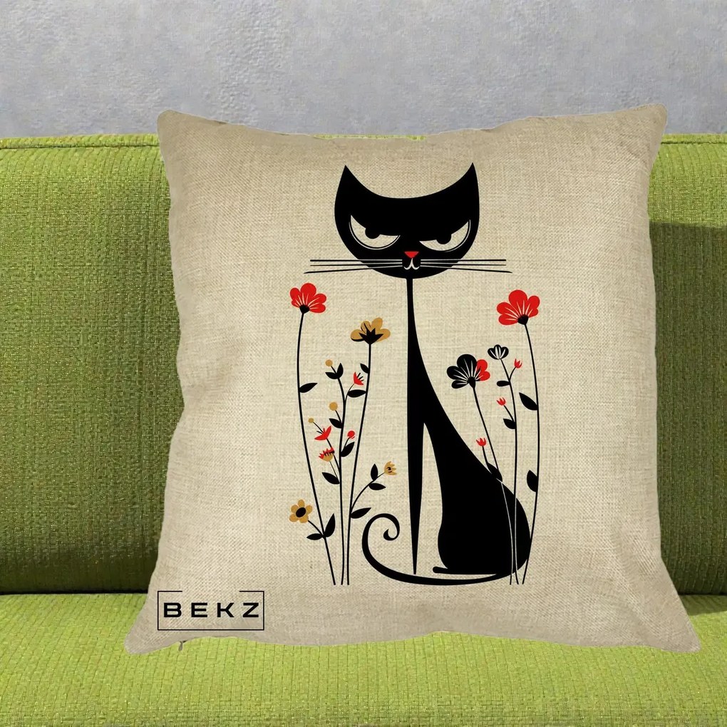 Perna Decorativa Pisica Neagra Grafica Flori Rosii, 40x40 cm, Crem, Husa Detasabila, Perna Inclusa, BEKZ®