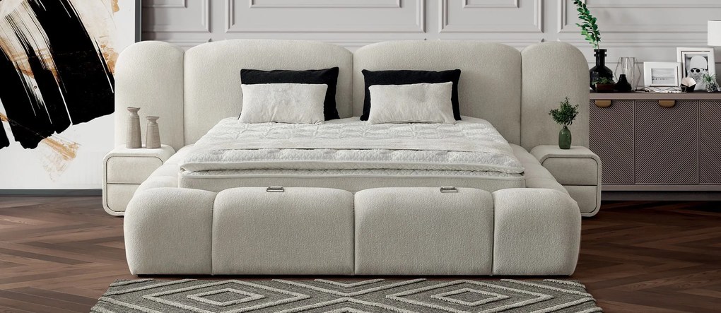 Boxspring ~MERIVO~ cu ladǎ de depozitare, structurǎ metalicǎ și saltea premium cu topper integrat Anthology ivory 180x200