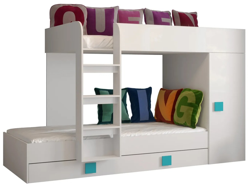 Pat multifuncțional 90 cm Toreno 2 (Alb + alb lucios + mânere turcoaz lucios). 1083317