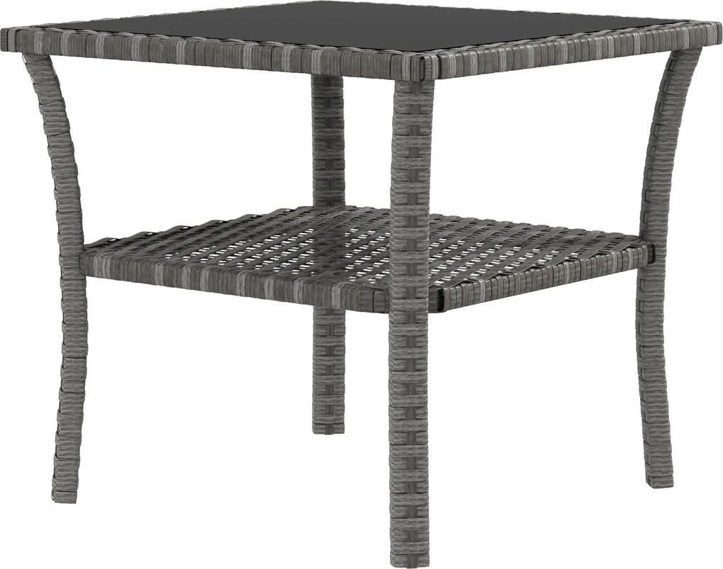 Outsunny Masă de grădină din polyrattan, 50 x 50 x 45 cm, măsuță rezistentă la intemperii pentru 4 persoane, pătrată cu raft și blat din sticlă | Aosom Romania
