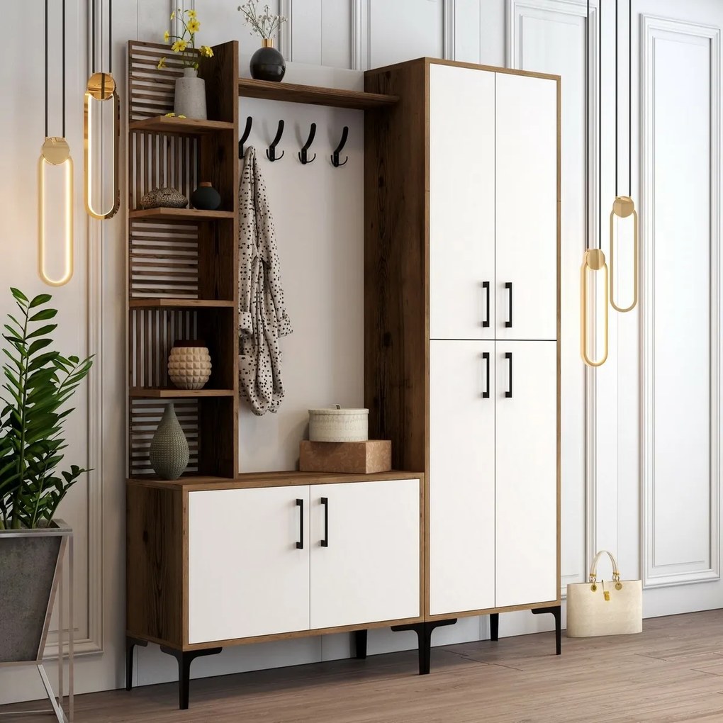 Cuier cu dulap pentru pantofi, rafturi și dulapViyana Walnut and White