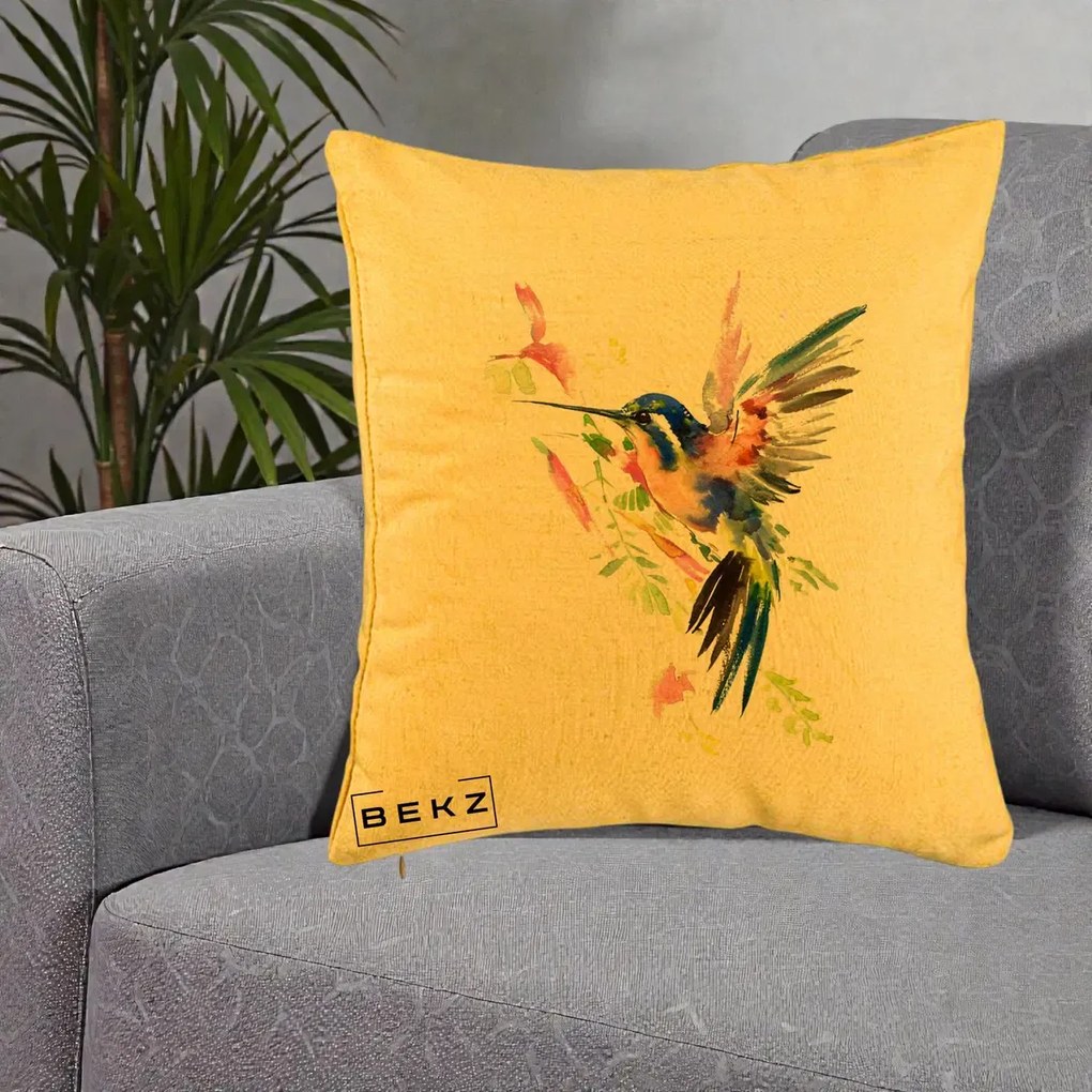 Perna Decorativa Colibri Acuarela, 40x40 cm, Galben, Husa Detasabila, Perna Inclusa, BEKZ®