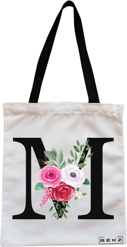 Sacosa de Panza pentru Cumparaturi, Geanta Tote, Cu litera M si Trandafiri, Cu fermoar, 38x34.5 cm, Alba, BEKZ®