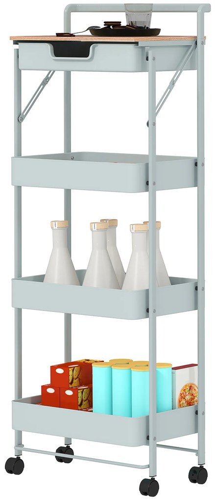 HOMCOM Desserte cărucior de depozitare cu roți 4 niveluri cu sertar, blat și coșuri, verde | Aosom Romania