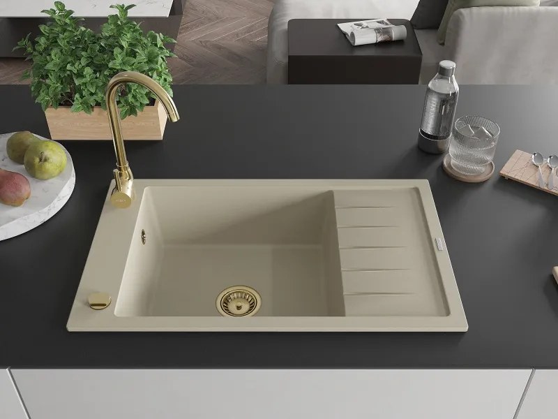 Mexen Elias chiuvetă din granit cu 1 compartiment cu scurgător 795 x 480 mm, bej, sifon auriu - 6511791005-69-G