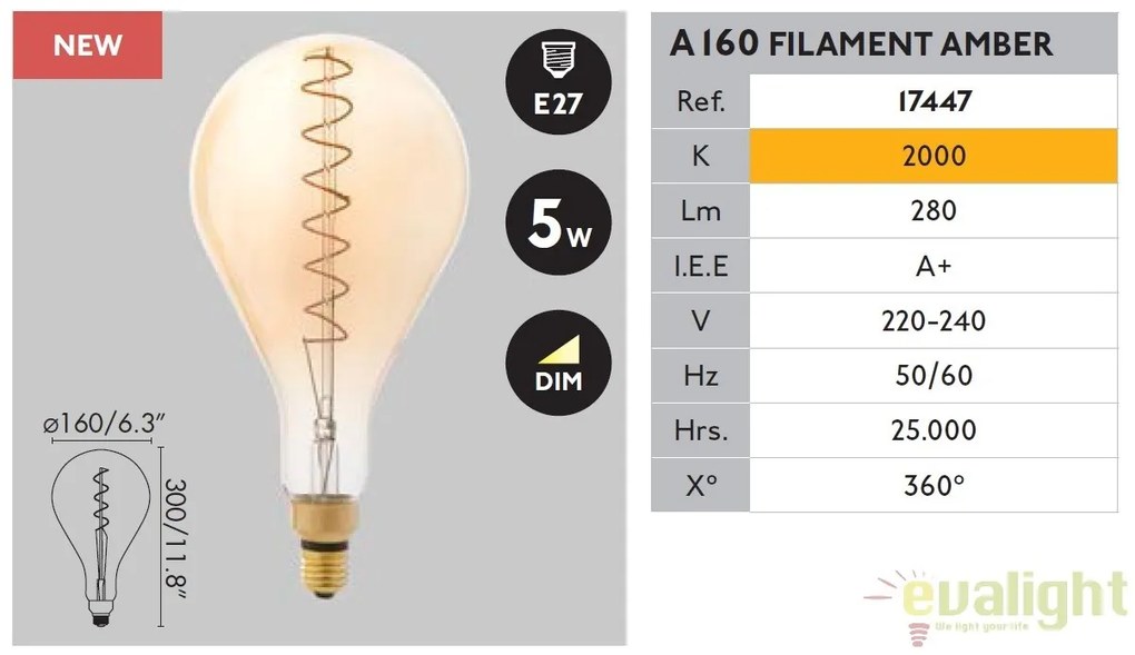 BEC filament LED dimabil decorativ 5W E27 A160 2000K lumina calda AMBER 17447