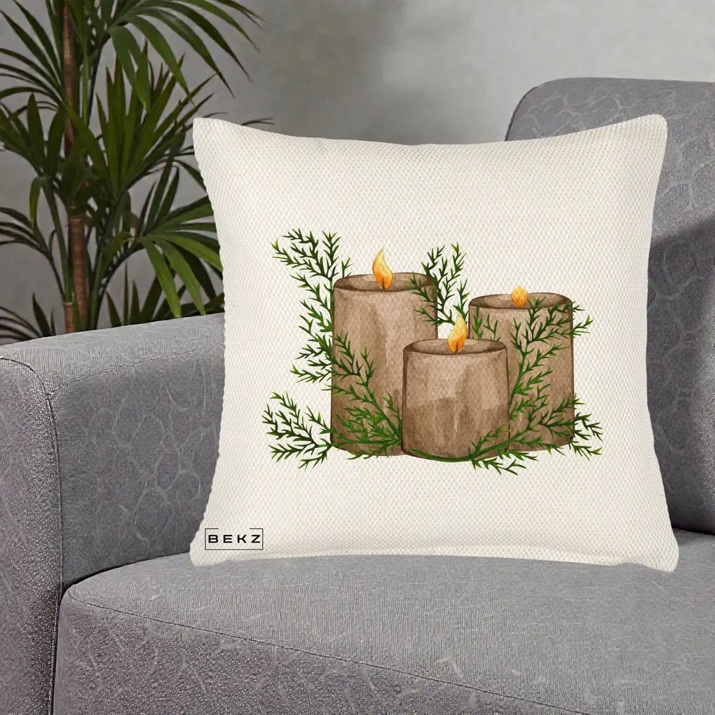 Perna Decorativa Lumanari Rustice cu Crengute Brad, 40x40 cm, Crem Reliefat, Husa Detasabila, Perna Inclusa, BEKZ®