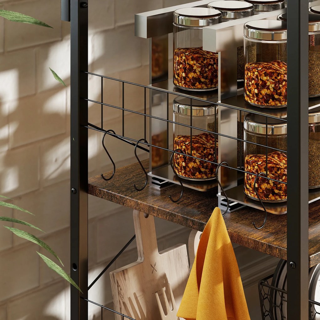 HOMCOM Raft pentru bucătărie, raft independent cu 2 prize, 5 cârlige S, 5 polițe, coș, bare în X, oțel 90 x 42 x 130 cm | Aosom Romania