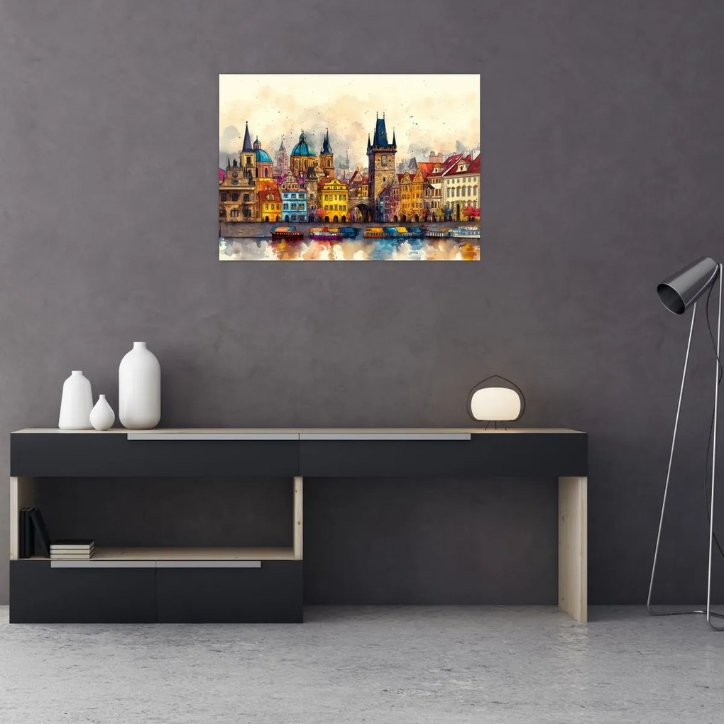 Tablou pe sticlă - Toamna în orașul pictat (70x50 cm)