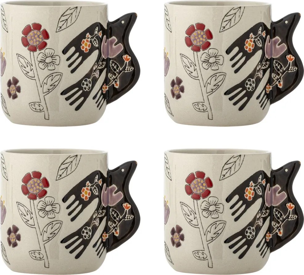 Set 4 cești din ceramică artizanală, natur,pictate manual cu flori stilizate și pasăre, cu toartă sculptată, „Vivielle"