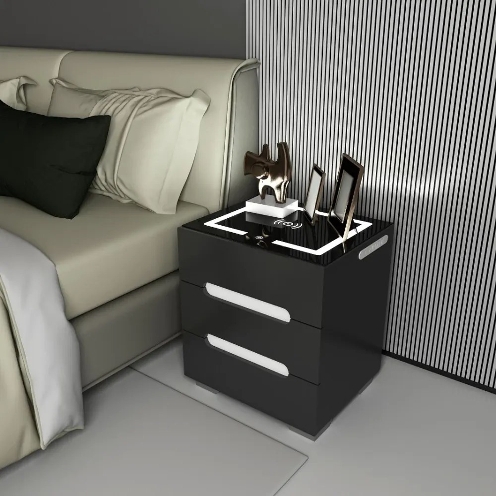 RESIGILAT- Noptieră inteligentă multifuncțională, 3 sertare, iluminare LED-uri Touch, 3 tipuri de culoare, încărcare fără fir, incarcare USB, sticla securizata, Negru