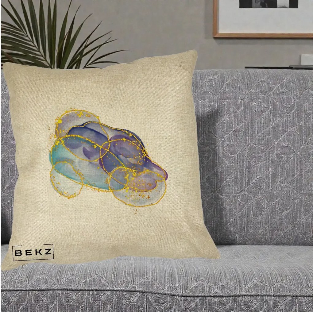 Perna Decorativa Abstract Acuarela Albastru-Mov cu Cercuri Aurii, 40x40 cm, Crem, Husa Detasabila, Perna Inclusa, BEKZ®