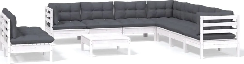 vidaXL Set mobilier grădină cu perne, 10 piese, alb, lemn masiv pin