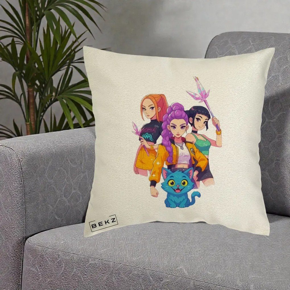 Perna Personalizata K-pop HUNTRX Trio cu Pisica si Cristale, 40x40 cm, Ecru, Husa Detasabila, Perna Inclusa, BEKZ®