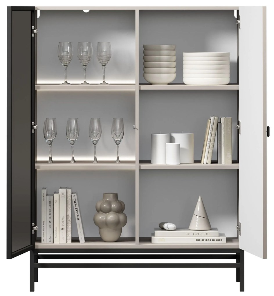 Vitrină pentru living Lorini 100 cm - cașmir / mâner negru T-bar / cadru