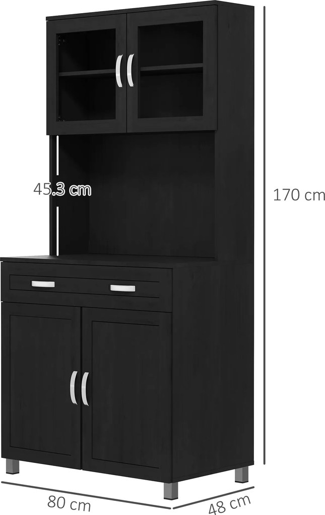 HOMCOM Bufet înalt bucătărie, dulap de bucătărie cu 4 uși, sertar, blat, rafturi reglabile, 80x48x170cm, negru | Aosom Romania