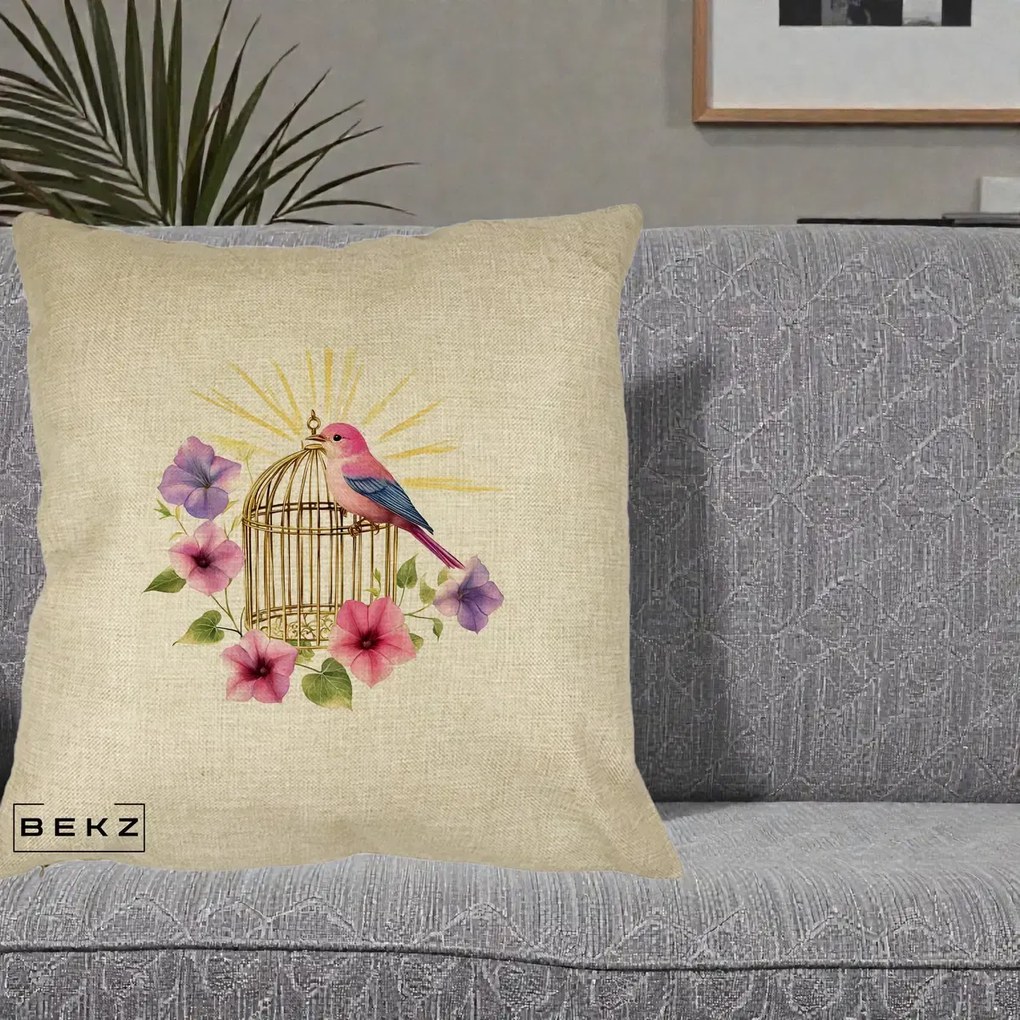 Perna Decorativa Pasare Roz pe Colivie Aurie cu Flori, 40x40 cm, Crem, Husa Detasabila, Perna Inclusa, BEKZ®