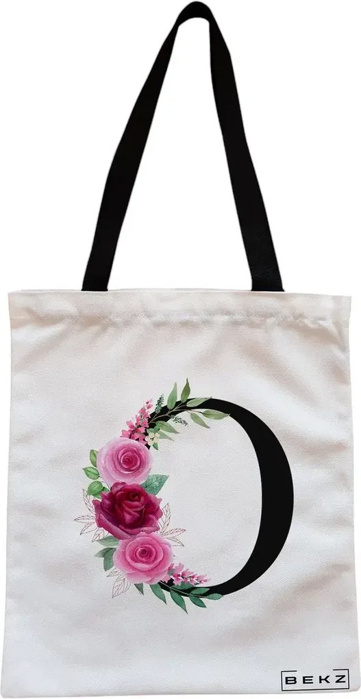 Sacosa de Panza pentru Cumparaturi, Geanta Tote, Cu litera O si Trandafiri, Cu fermoar, 38x34.5 cm, Alba, BEKZ®