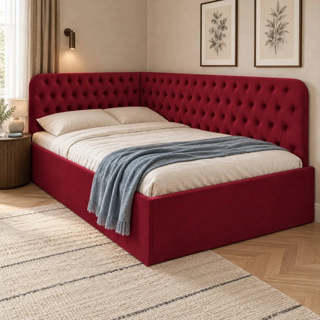 Pat tapițat pentru copii din catifea Elyra 140×200 cm, vișiniu, colț dreapta, cu ladă de depozitare