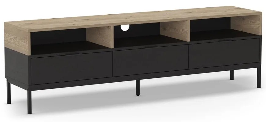Masă TV neagră/în culoare naturală cu aspect de lemn de stejar 180x55 cm Marion – Marckeric