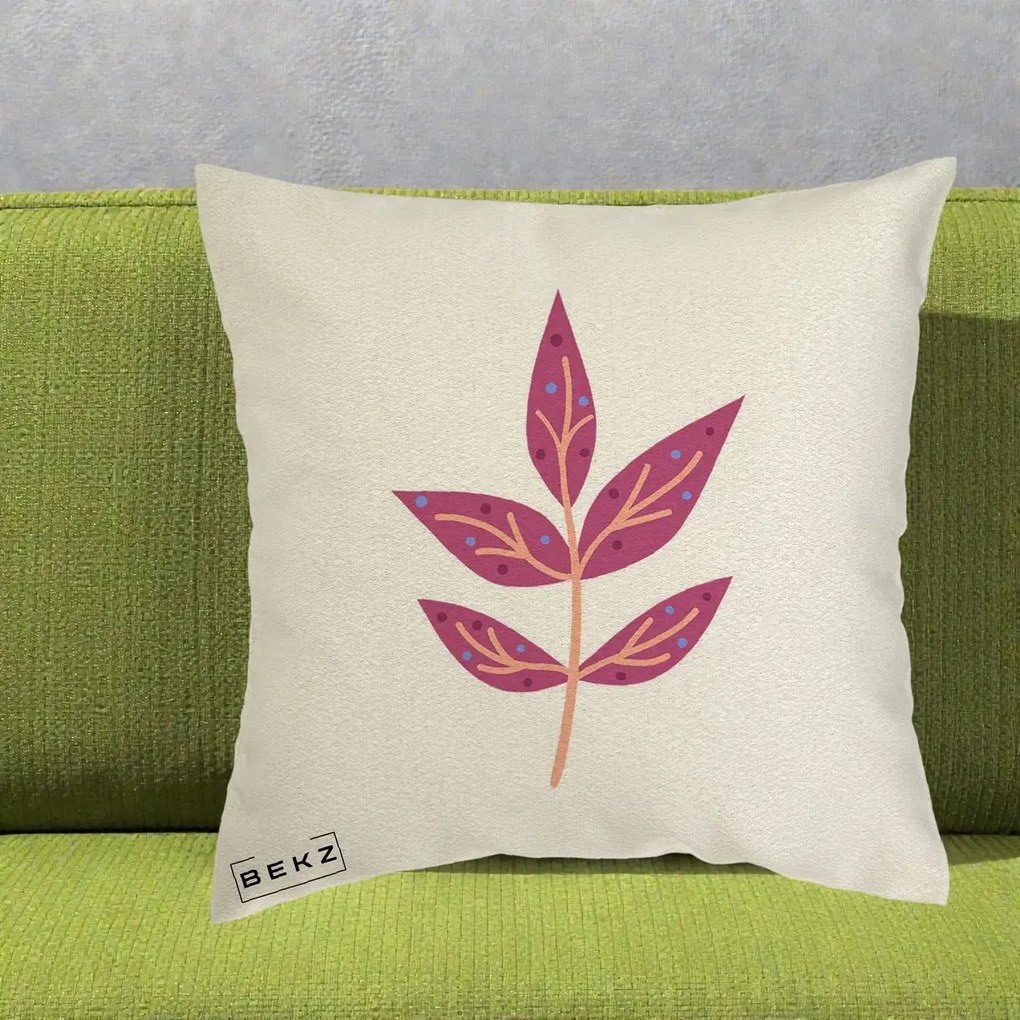 Perna Decorativa Ramura Botanica Mov, 40x40 cm, Ecru, Husa Detasabila, Perna Inclusa, BEKZ®