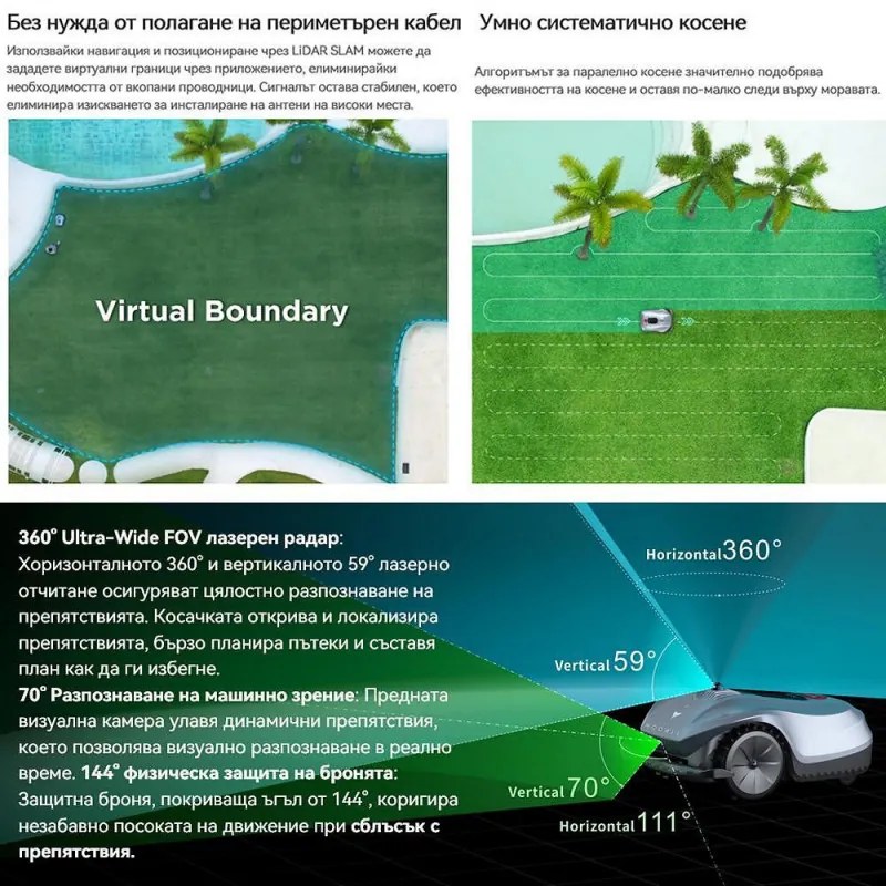 Robot tuns iarba/gazon HOOKII Neomow X Pro, 6000 m², 4 moduri, Functionare fara cablu sau antene, 60 dB, Wi-Fi, 4G, Bluetooth, Autonomie 180 min, Gri