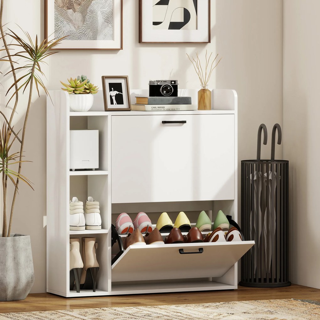 HOMCOM Dulap pentru pantofi slim cu 2 sertare rabatabile și 3 rafturi, Capacitate 15 perechi, 83x24x90.5 cm, Alb | Aosom Romania