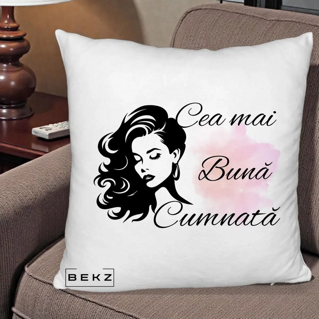 Cadou pentru Cumnata - Perna Personalizata Cea mai Buna Cumnata cu Silueta Dama si Pete Roz, 40x40 cm, Alb Pufos, Husa Detasabila, Perna Inclusa, BEKZ®