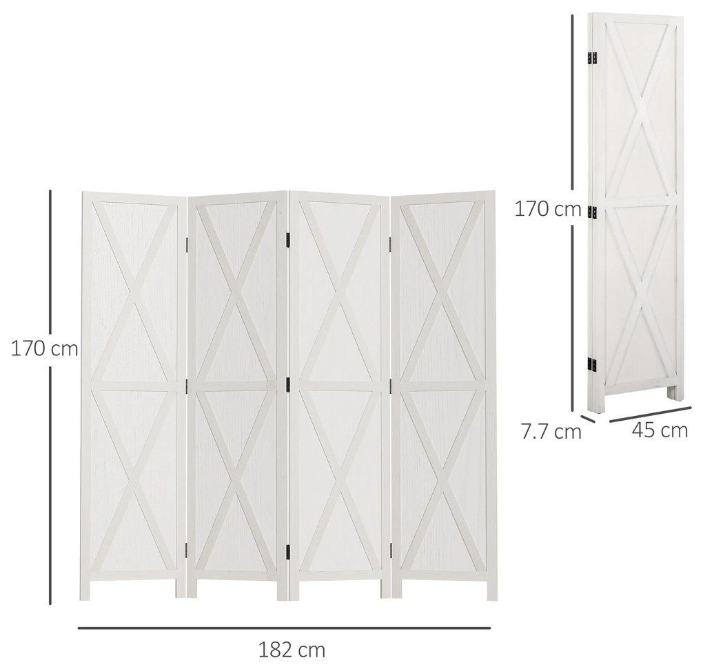 HOMCOM Paravan Interior cu 4 Panouri Pliabile din Lemn, 182x170 cm, Alb | Aosom Romania