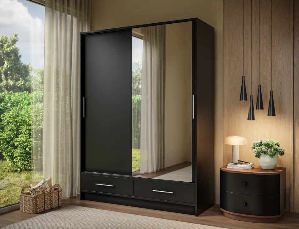 Dulap cu uși glisante si oglinda Estantte II, 150x60x200 cm – Negru