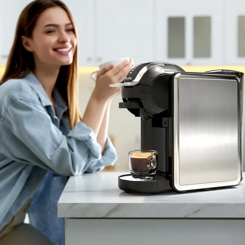 La mâna a doua: Espressor 8in1 Oliver Voltz OV51171K8R, 1450W, 0.8 L, 5 adaptoare, 19 bar, Cafea macinata si capsule, Negru/Argentiu