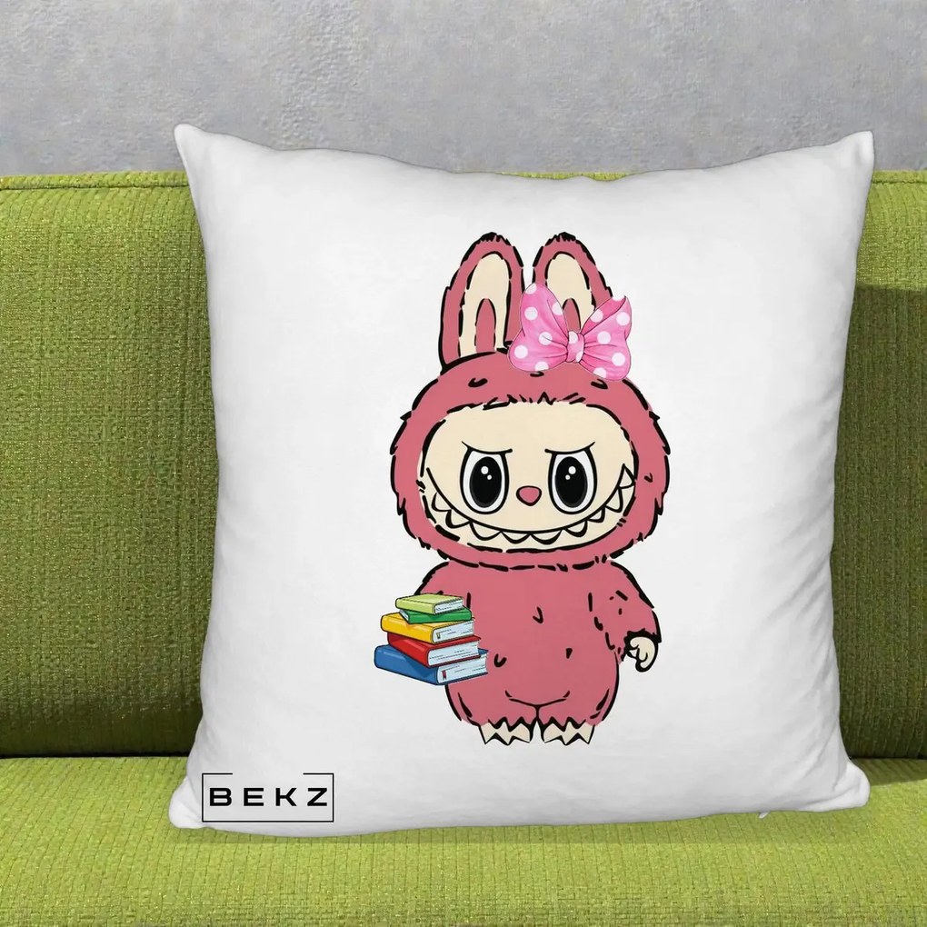 Perna Personalizata Labubu Roz cu Funda si Carti, 40x40 cm, Alb Pufos, Husa Detasabila, Perna Inclusa, BEKZ®