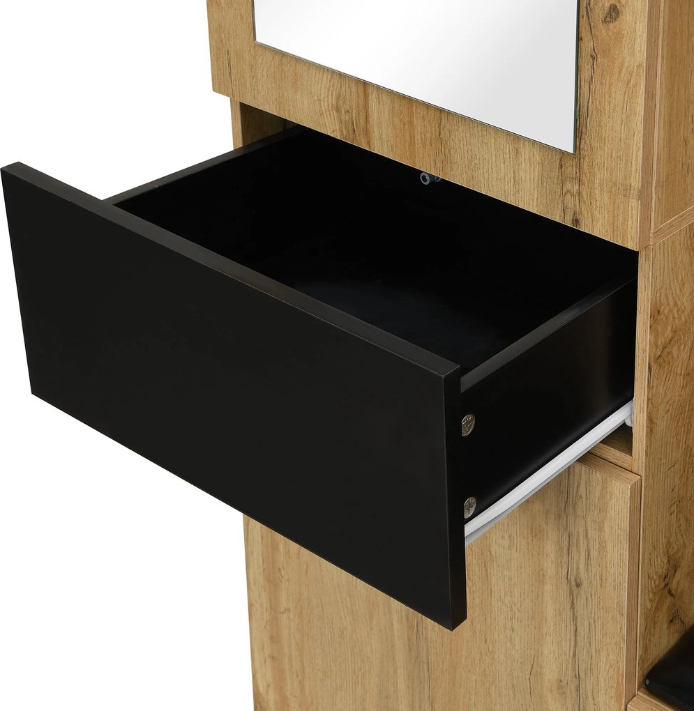 Set pentru garderobă cu 5 cârlige pentru haine, oglindă, dulap pentru pantofi și dulap încorporat, 98,5x38x191 cm, Culoare naturală