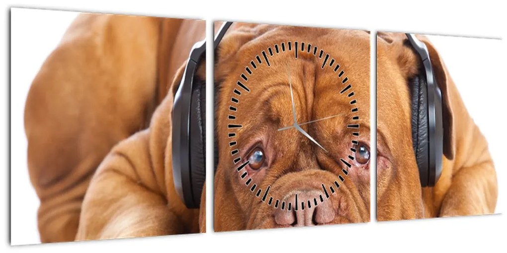 Tablou câinele cu căști (cu ceas) (90x30 cm)