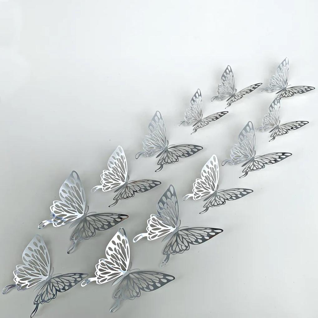Autocolant de perete "Fluturi metalici - Argint 3" 12 buc 8x12 cm