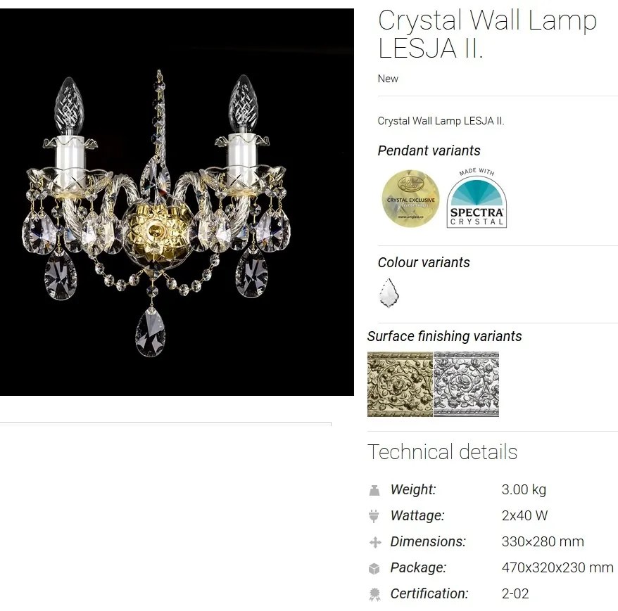 Aplica eleganta cu 2 brate Cristal Bohemia Exclusive LESJA II. CE