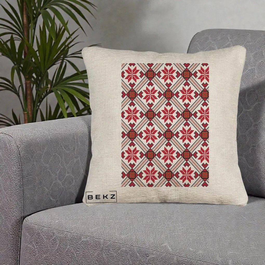 Perna Personalizata Motiv Traditional Ie Romaneasca Rosu, 40x40 cm, Bej Canapea, Husa Detasabila, Perna Inclusa, BEKZ®