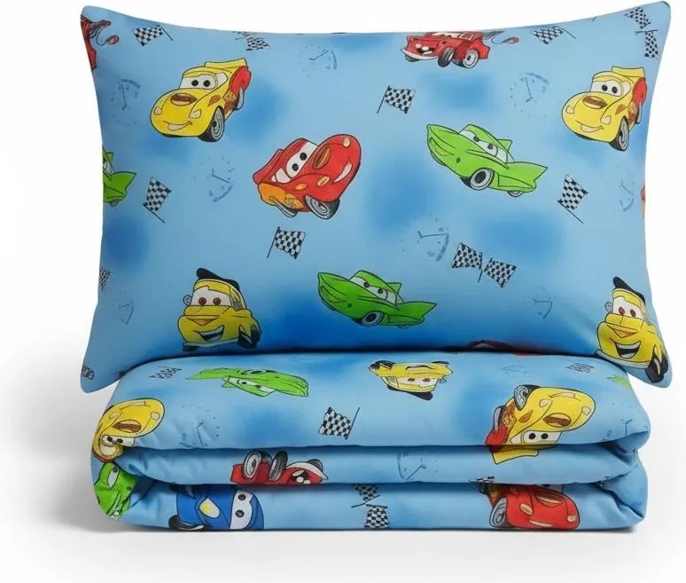 Set pilota 200x180 cm si 2 perne 50x70 cm din bumbac neted Cars Blue pentru pat -ASC6427968008161