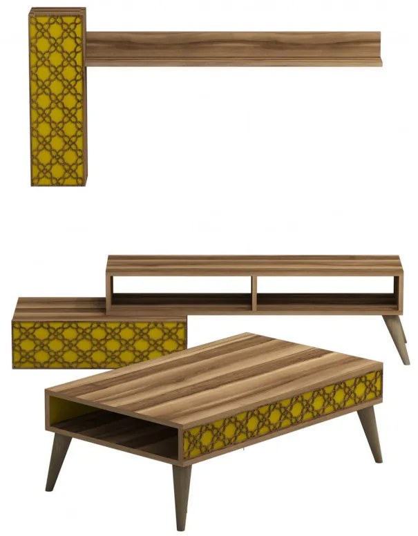 Set Comoda TV si Masuta de Cafea Living Planet Walnut-Galben