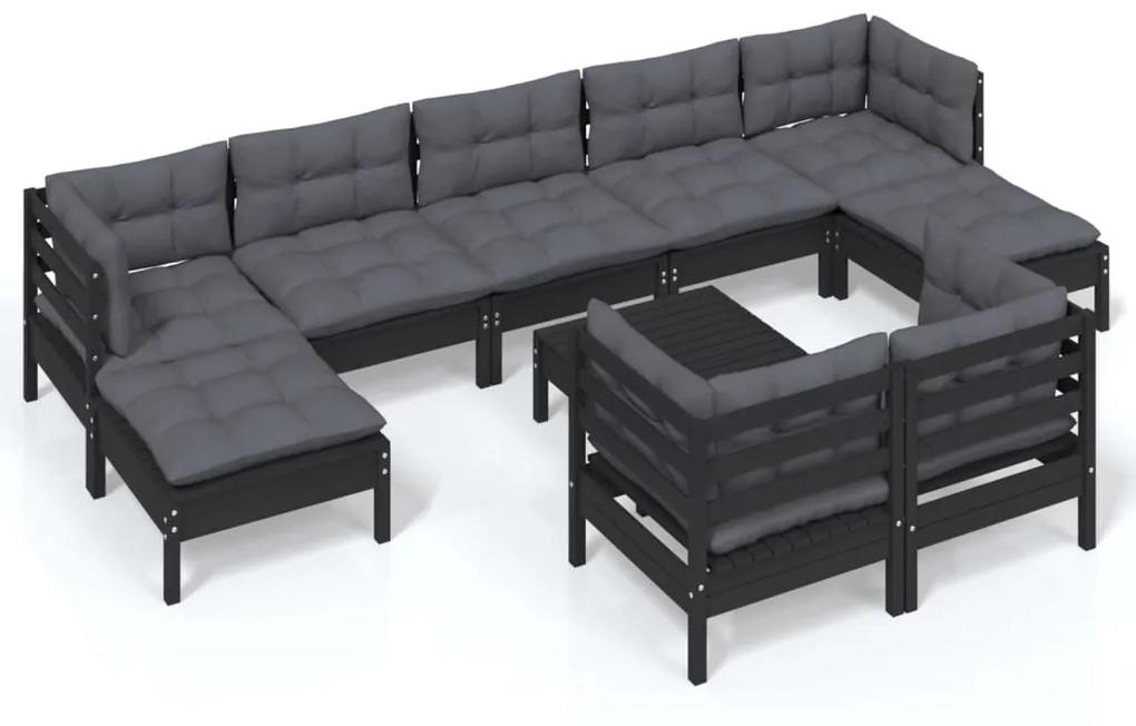 3097137 vidaXL Set mobilier de grădină cu perne 10 piese negru lemn masiv pin