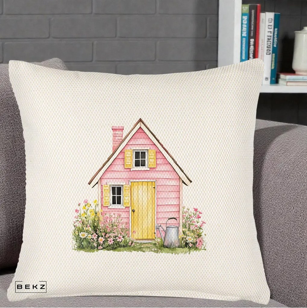 Perna Decorativa Casuta Roz Acuarela cu Gradina, 40x40 cm, Crem Reliefat, Husa Detasabila, Perna Inclusa, BEKZ®