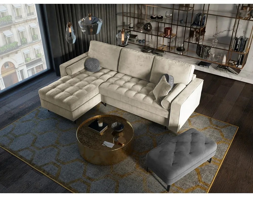 Colțar extensibil din catifea cu șezlong stânga Milo Casa Santo, bej