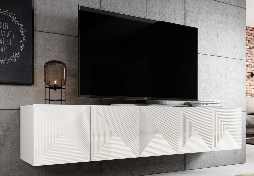 Comodă TV suspendată Asha 200 cm cu fronturi riflate - alb mat
