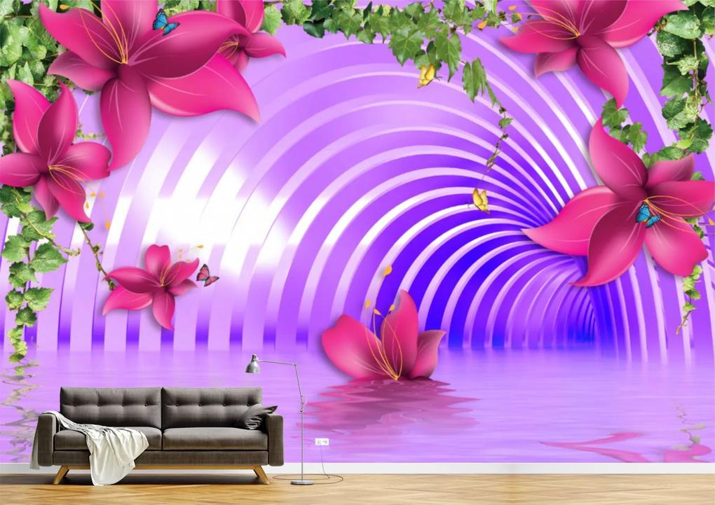 Tapet Premium Canvas - Tunelul mov si florile colorate 3d abstract