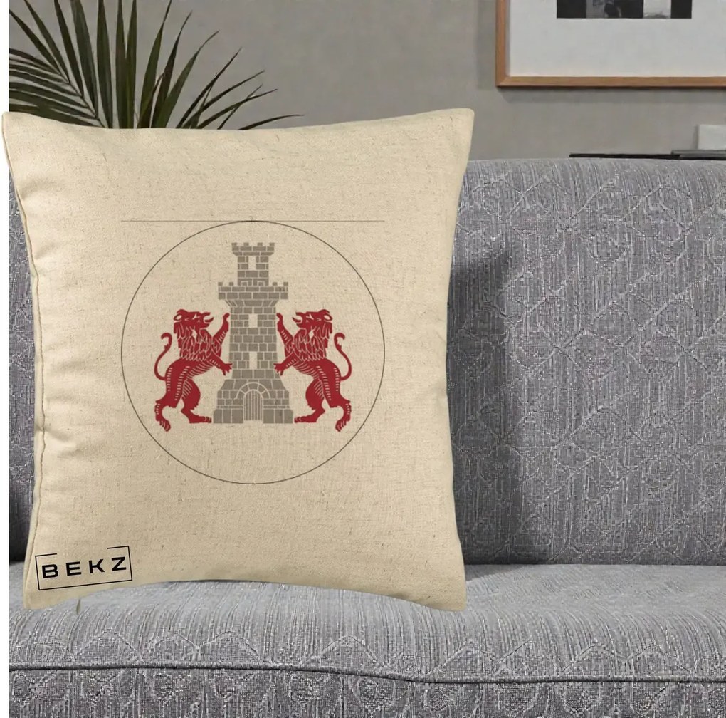 Perna Personalizata Cetatea Turnu Magurele Heraldic, 40x40 cm, Bej, Husa Detasabila, Perna Inclusa, BEKZ®