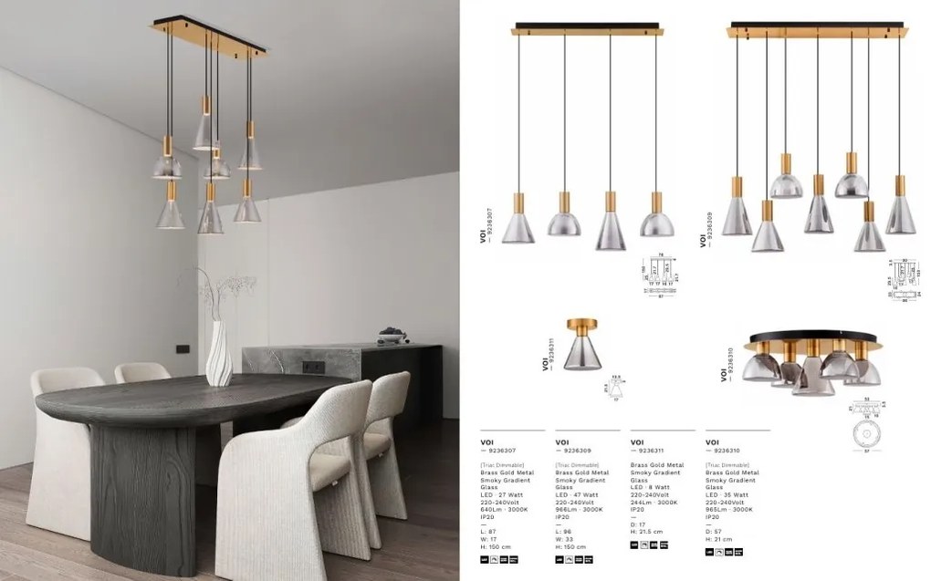 Pendul LED modern, Metal, Sticla, Fumuriu, Voi