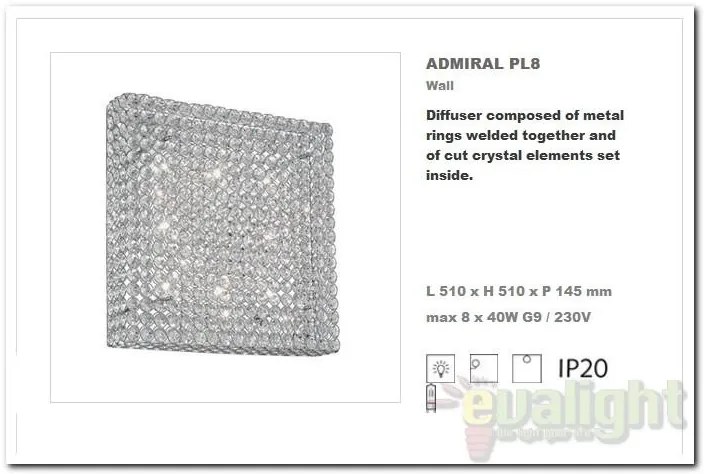Aplica de perete cristal Venezian dim. 51x51cm ADMIRAL PL8 Cromo