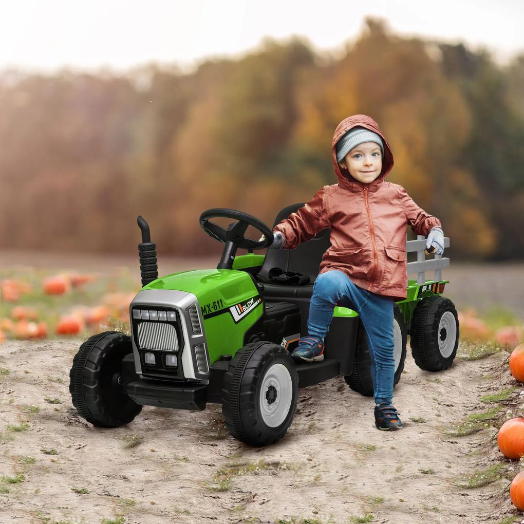 HOMCOM Tractor Electric cu Remorca Detasabila, Baterii de 12V, cu Telecomanda, Muzica si Claxon pentru copii de 3-6 ani, Verde | Aosom RO