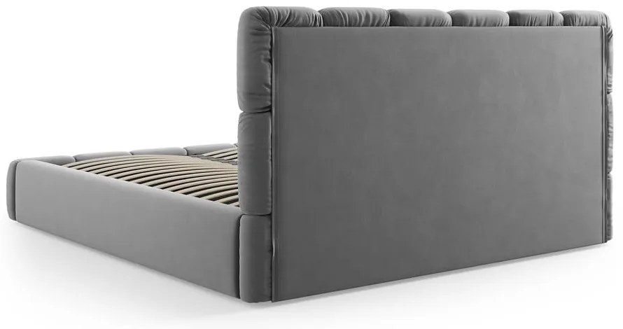 Pat matrimonial gri tapițat din catifea cu spațiu de depozitare cu somieră 200x200 cm Bellis – Micadoni